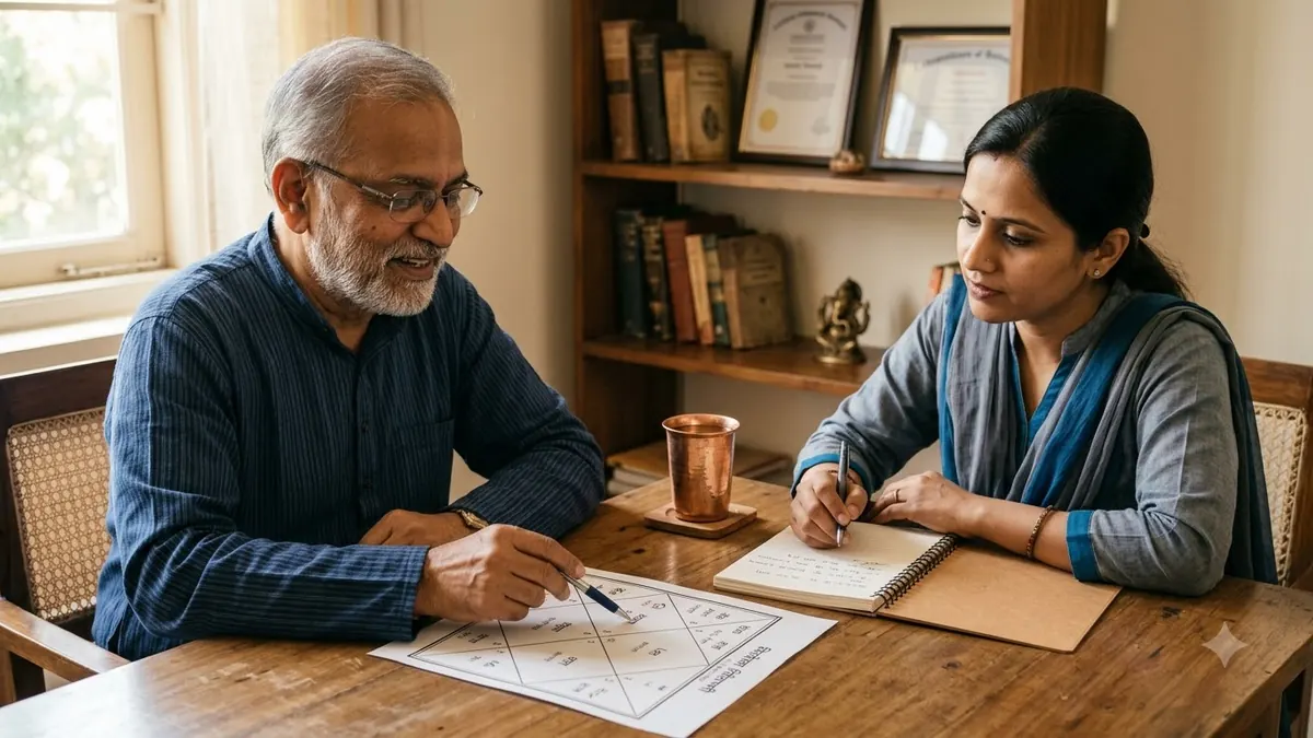 Vedic astrologer explaining a birth chart during consultation