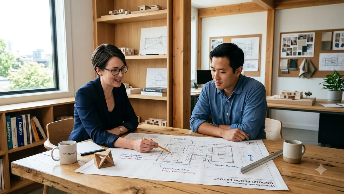Vastu consultant reviewing an architectural floor plan with a client