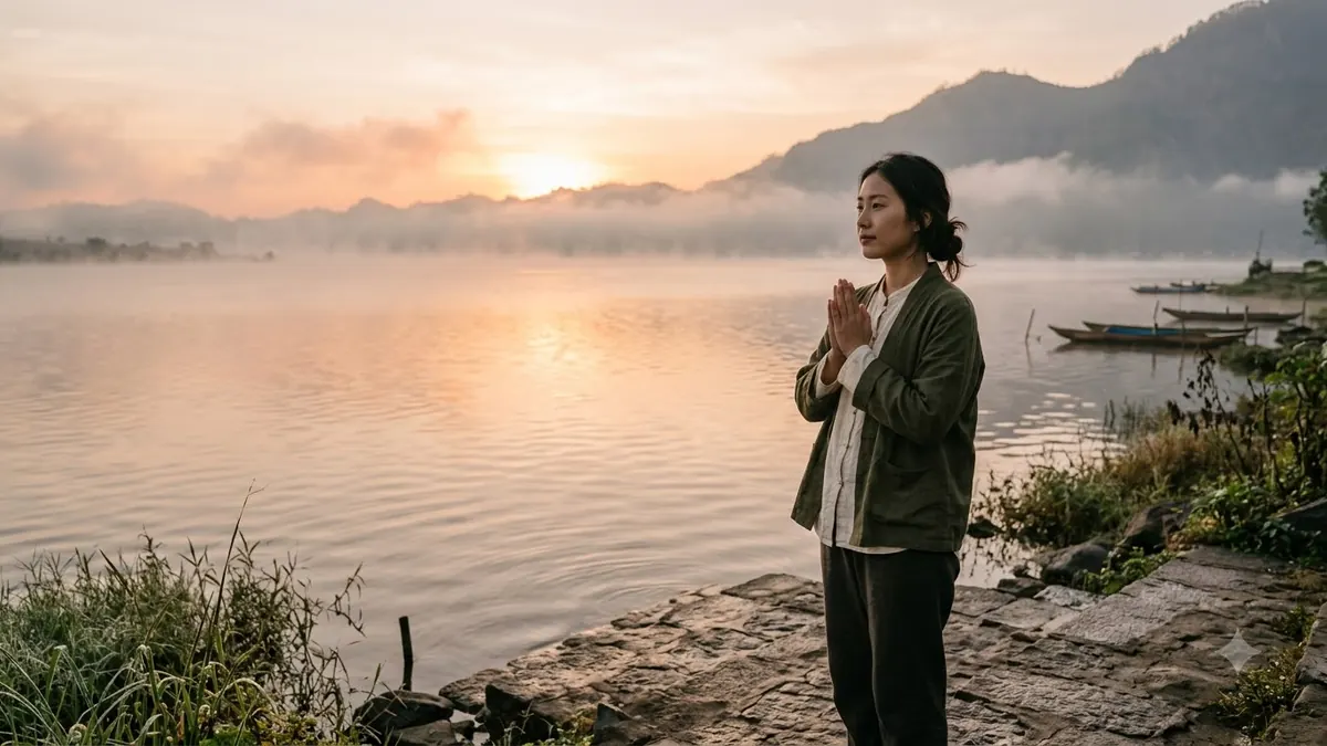 Person praying calmly beside water during spiritual reflection