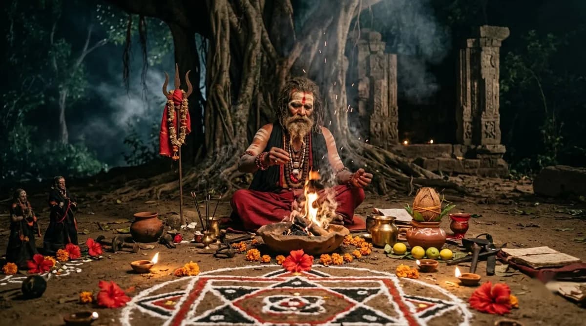 Illustration of a night-time ritual setting under a banyan tree