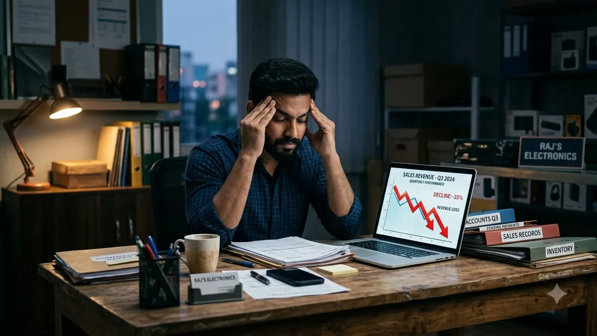 Business owner stressed by declining performance at his desk