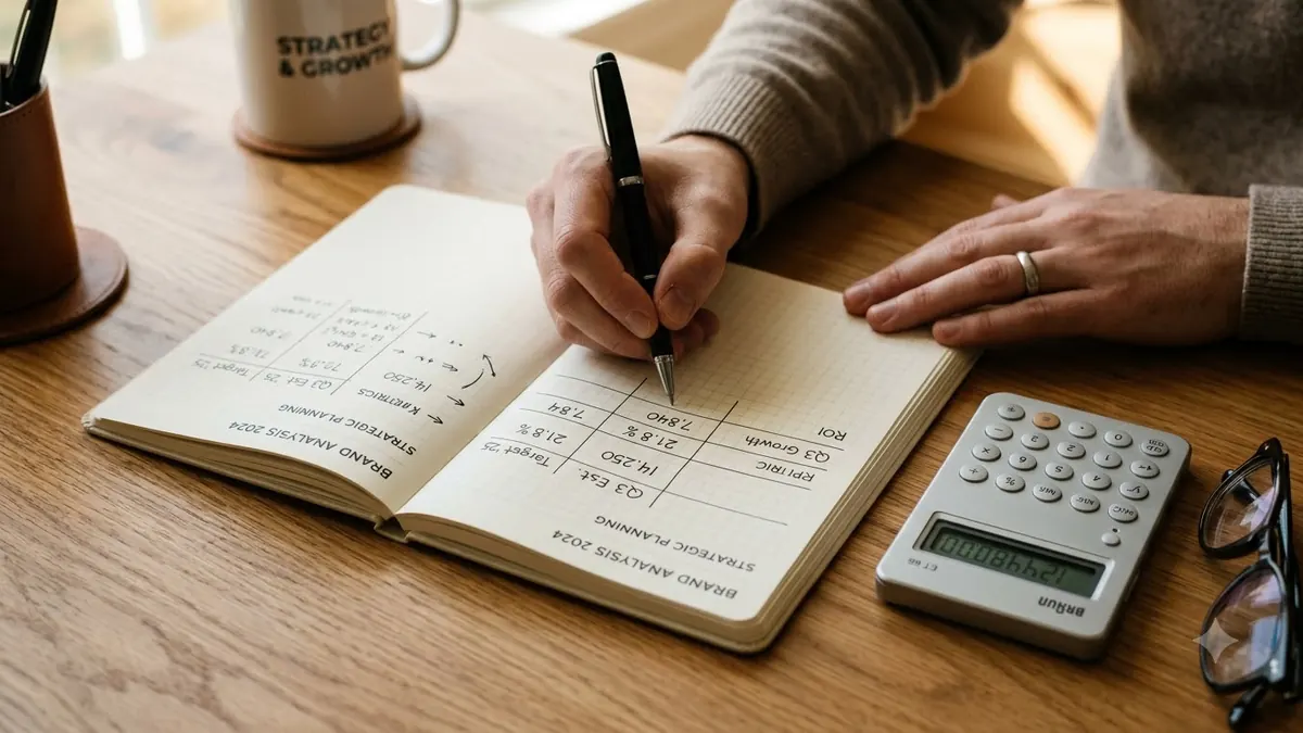 Hands reviewing business figures with a notebook and calculator