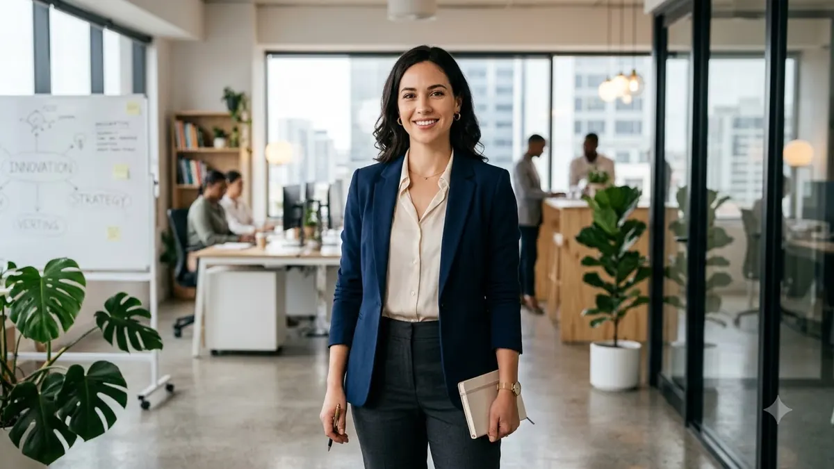 Young professional moving forward confidently in the workplace