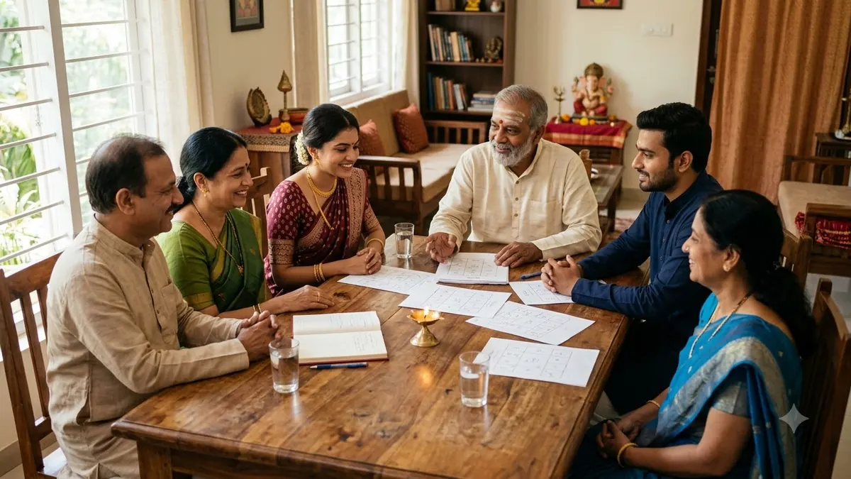 Family reviewing horoscope guidance during a private consultation