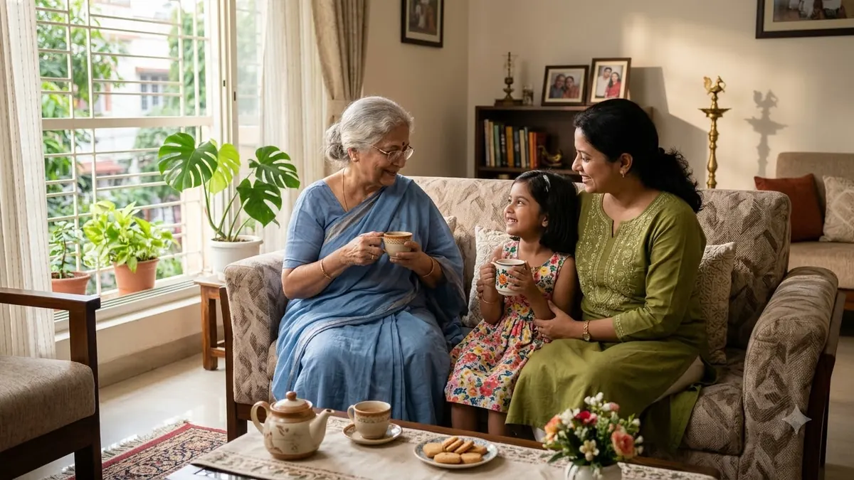 Indian family sharing tea after a constructive discussion
