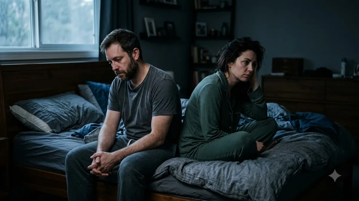 Husband and wife sitting apart after a domestic dispute