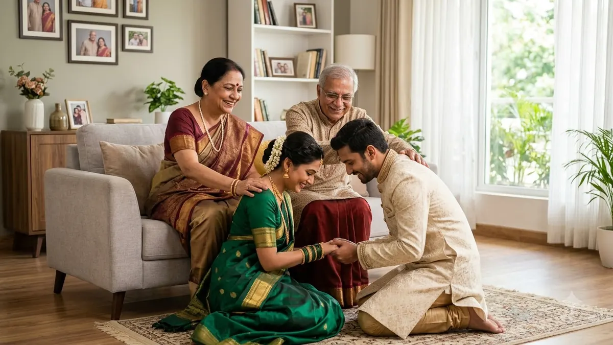 Indian couple seeking blessings from elders before marriage