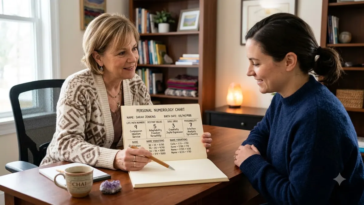 Numerology counselor explaining number patterns to a client