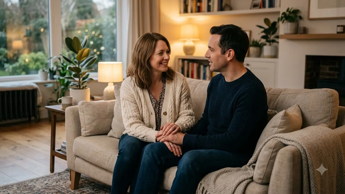 Couple discussing relationship concerns calmly at home