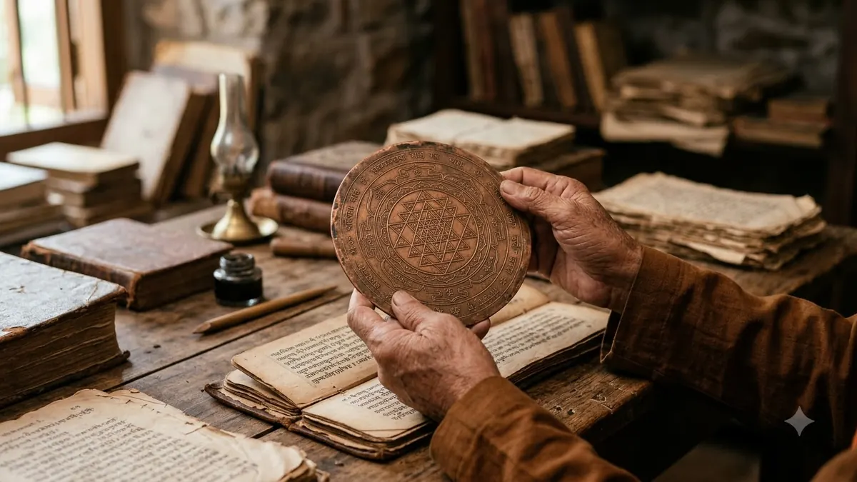 Hands holding a traditional copper yantra with spiritual books