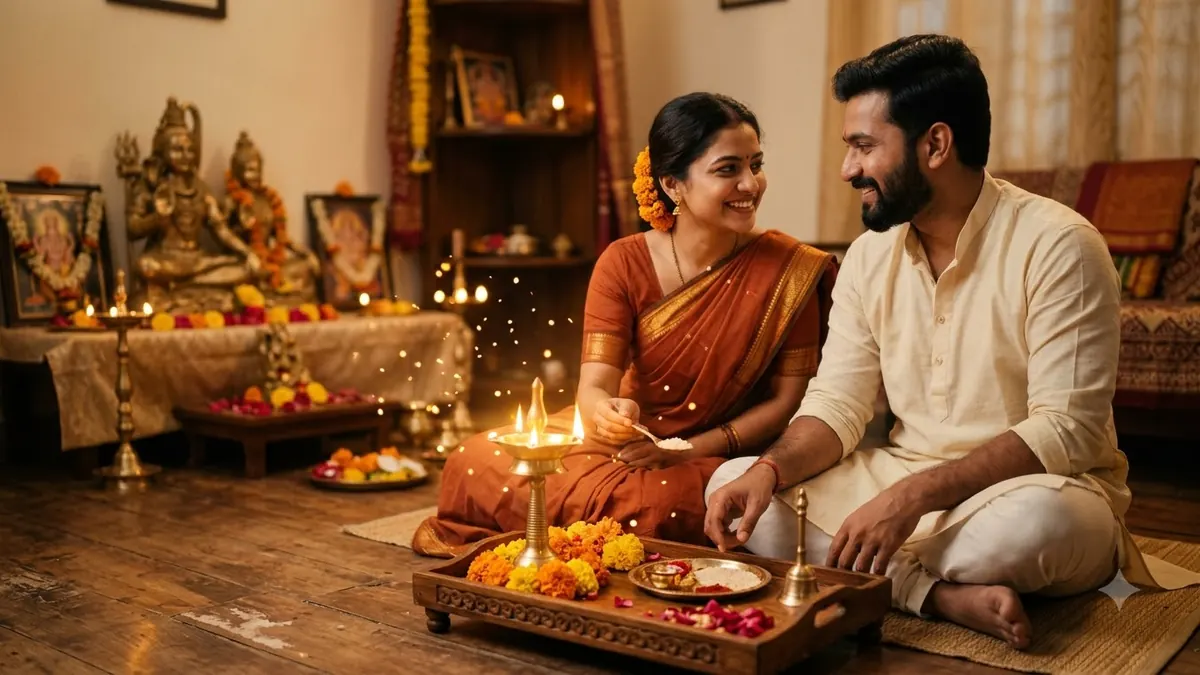 Indian couple performing a simple devotional ritual at home