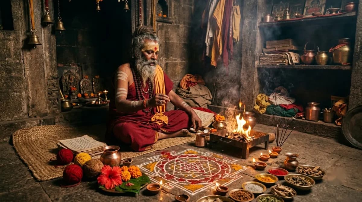 Illustration of a traditional ritual setting with a yantra, havan fire and offerings