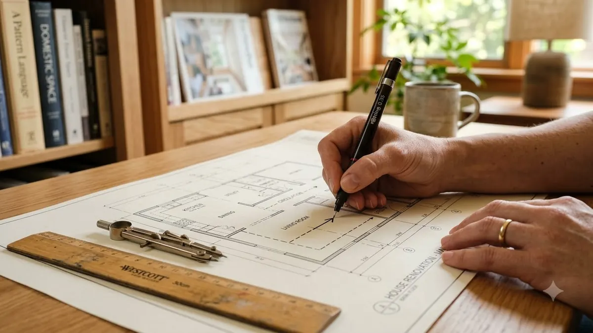 Hands reviewing a home blueprint for Vastu planning