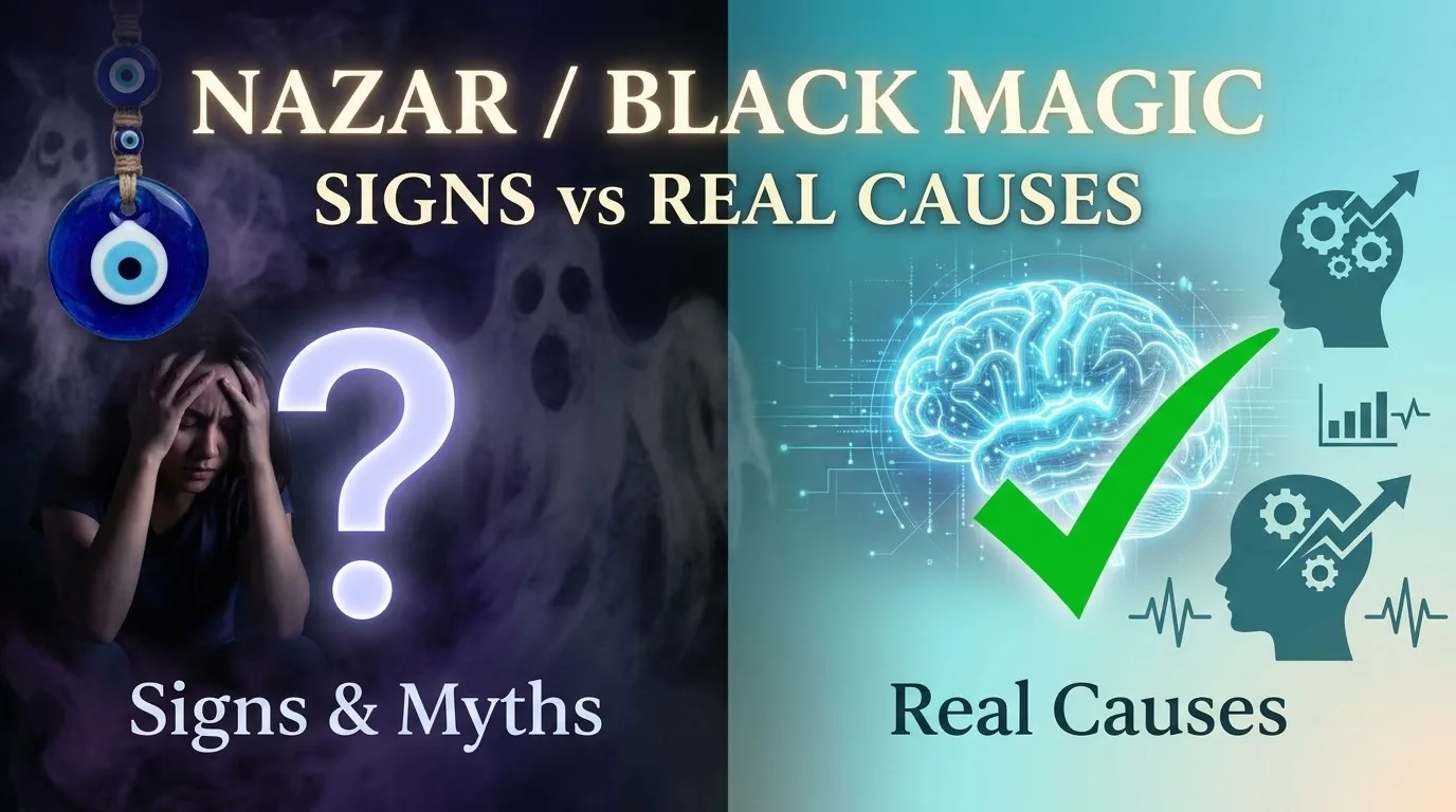 Illustration comparing common nazar and black magic beliefs with real causes such as stress and health
