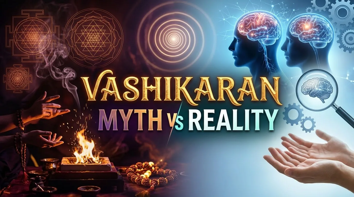 Illustration contrasting vashikaran as popularly imagined with a calm, real-world consultation